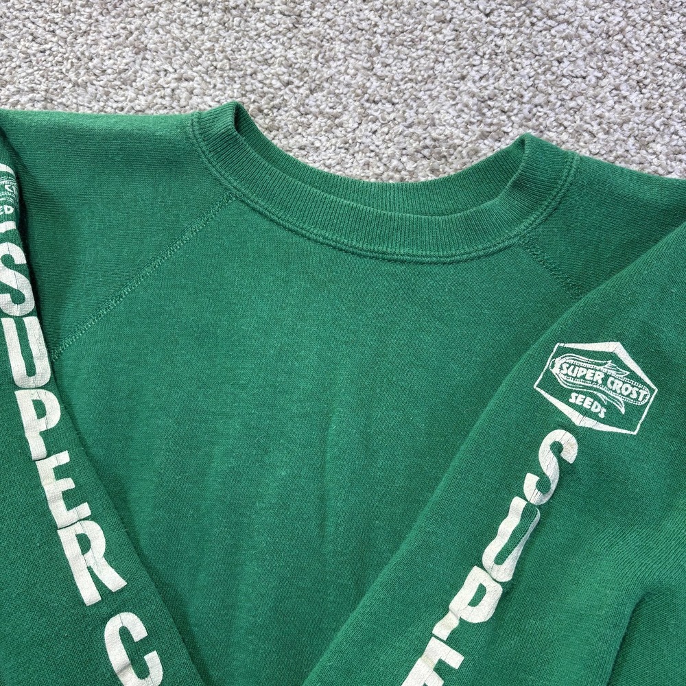 80s Vintage Super Crost Seeds Sweatshirt‎ Mens Medium Green Sleeve Logo Crewneck